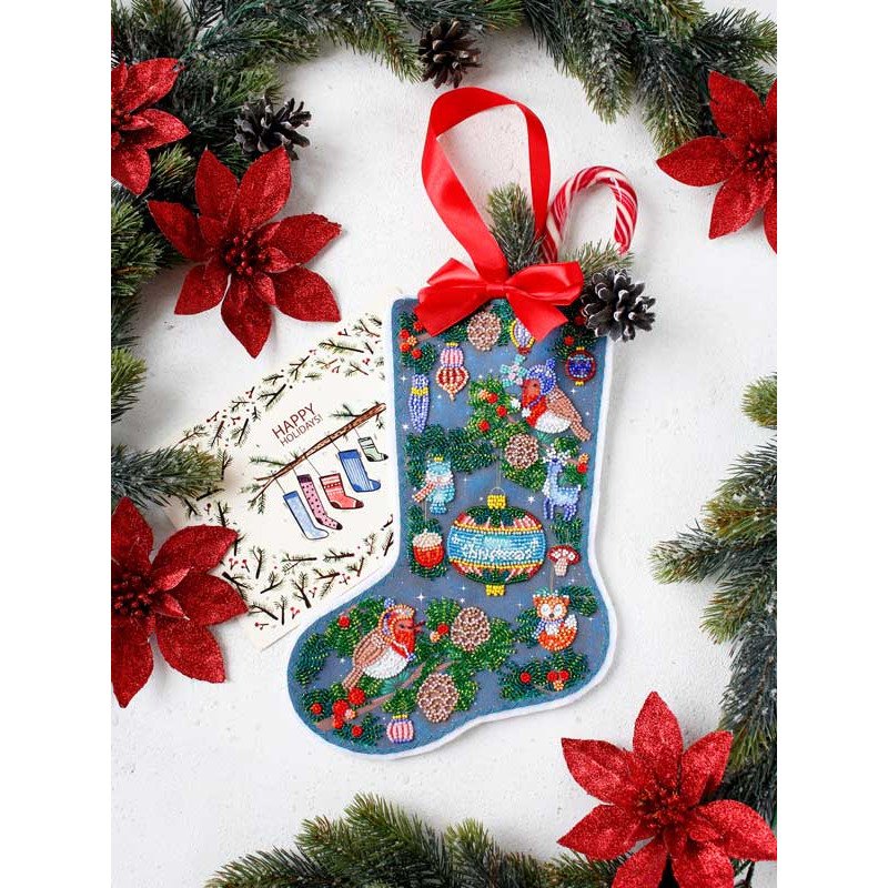Bead embroidery kit Christmas Stocking on natural art canvas Abris Art ABE-003 In anticipation of a miracle