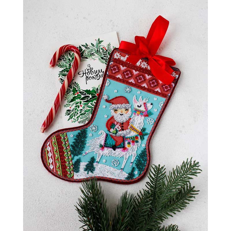 Bead embroidery kit Christmas Stocking on natural art canvas Abris Art ABE-004 I believe in fairy tales