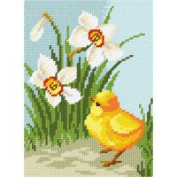 Kit for embroidery yarn on canvas with a pattern Quick Tapestry TD-28 Chicken Among Daffodils