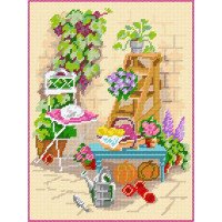 Kit for embroidery yarn on canvas with a pattern Quick Tapestry TL-09 Watering can in the backyard