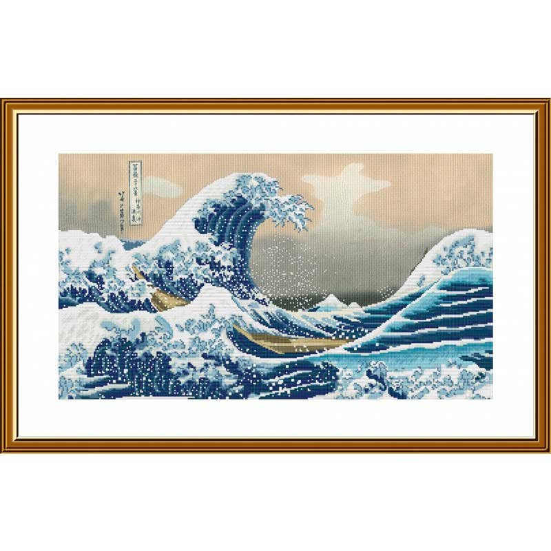 Набор для вышивки нитками на канве с фоновым изображением Новая Слобода СР1515 Большая волна в Канагаве