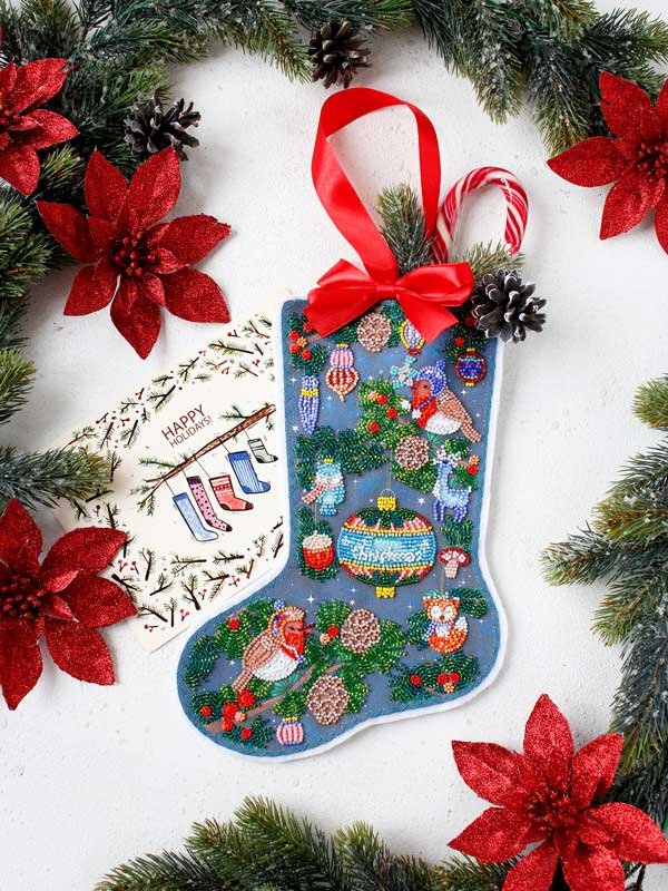 Photo Bead embroidery kit Christmas Stocking on natural art canvas Abris Art ABE-003 In anticipation of a miracle