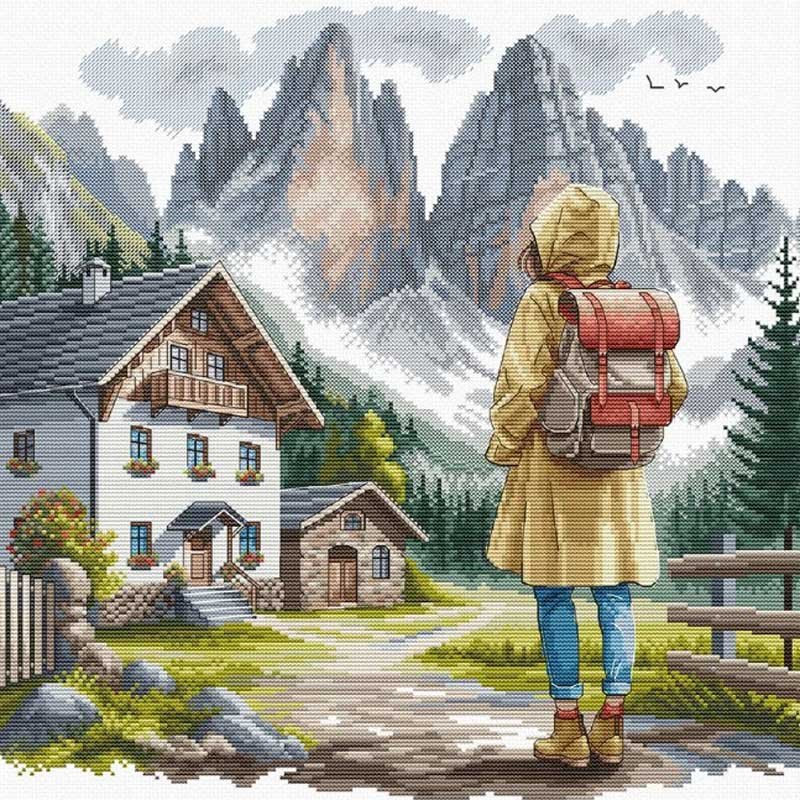 Вышитый Набор для вышивки крестом AVA P113 Приключение в Альпах Фото Набор для вышивки крестом AVA P113 Приключение в Альпах