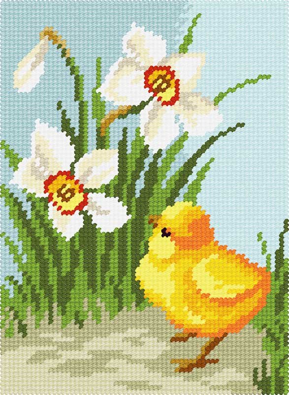 Photo Kit for embroidery yarn on canvas with a pattern Quick Tapestry TD-28 Chicken Among Daffodils