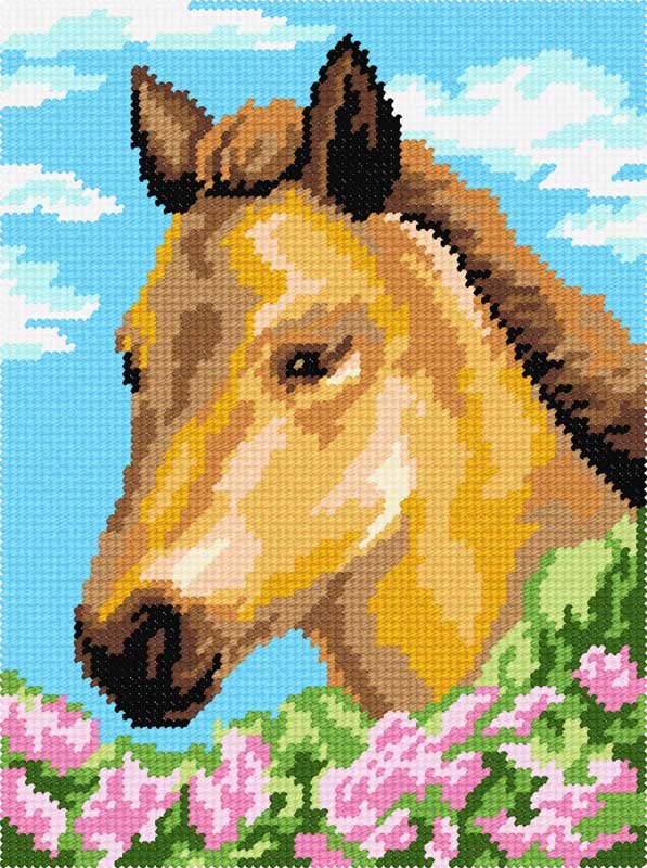 Фото Набір для вишивання пряжею по канві з рисунком Quick Tapestry TH-02 Кінь у бузкових кущах