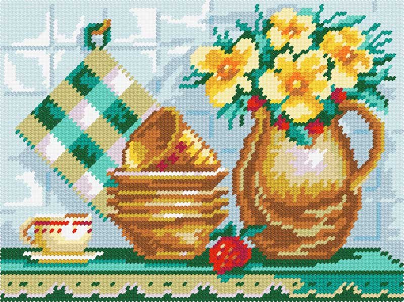 Фото Набор для вышивки пряжей по канве с рисунком Quick Tapestry TH-03 Натюрморт «Кувшин и прихватки»