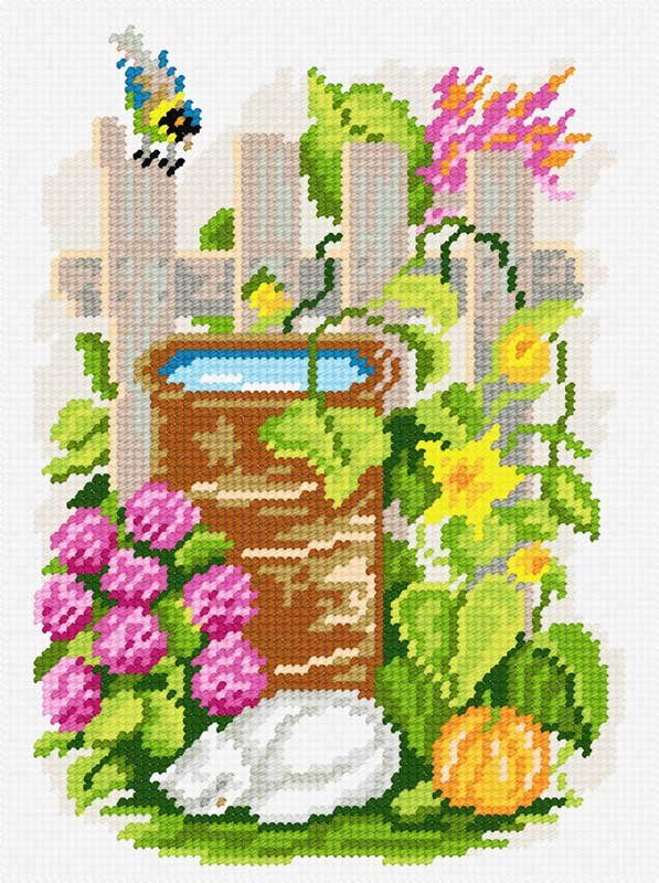 Photo Kit for embroidery yarn on canvas with a pattern Quick Tapestry TH-26 Cat by the water barrel