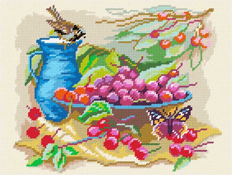 Photo Kit for embroidery yarn on canvas with a pattern Quick Tapestry TL-08 Sparrow by a bowl of cherries