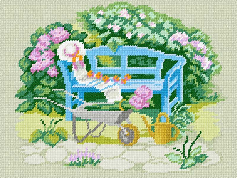 Photo Kit for embroidery yarn on canvas with a pattern Quick Tapestry TL-10 Wheelchair in the backyard