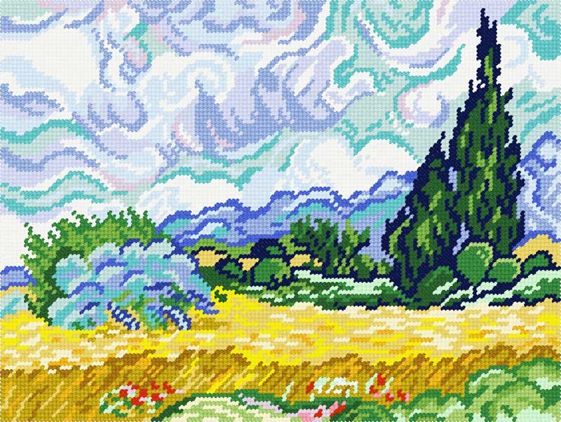 Photo Kit for embroidery yarn on canvas with a pattern Quick Tapestry TL-85 Wheat Field with Cypresses