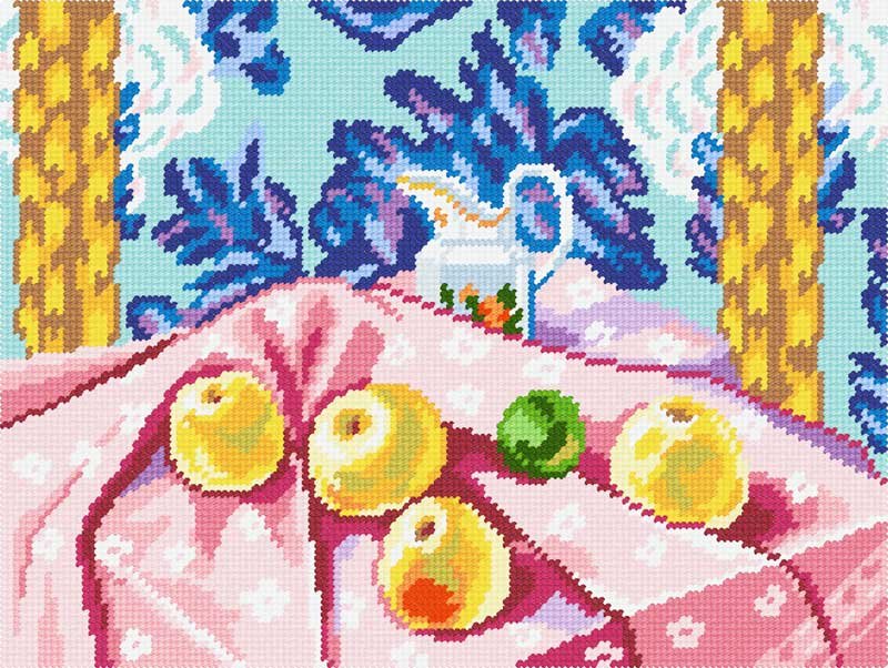 Photo Kit for embroidery yarn on canvas with a pattern Quick Tapestry TL-94 Still Life with Apples on a Pink Tablecloth