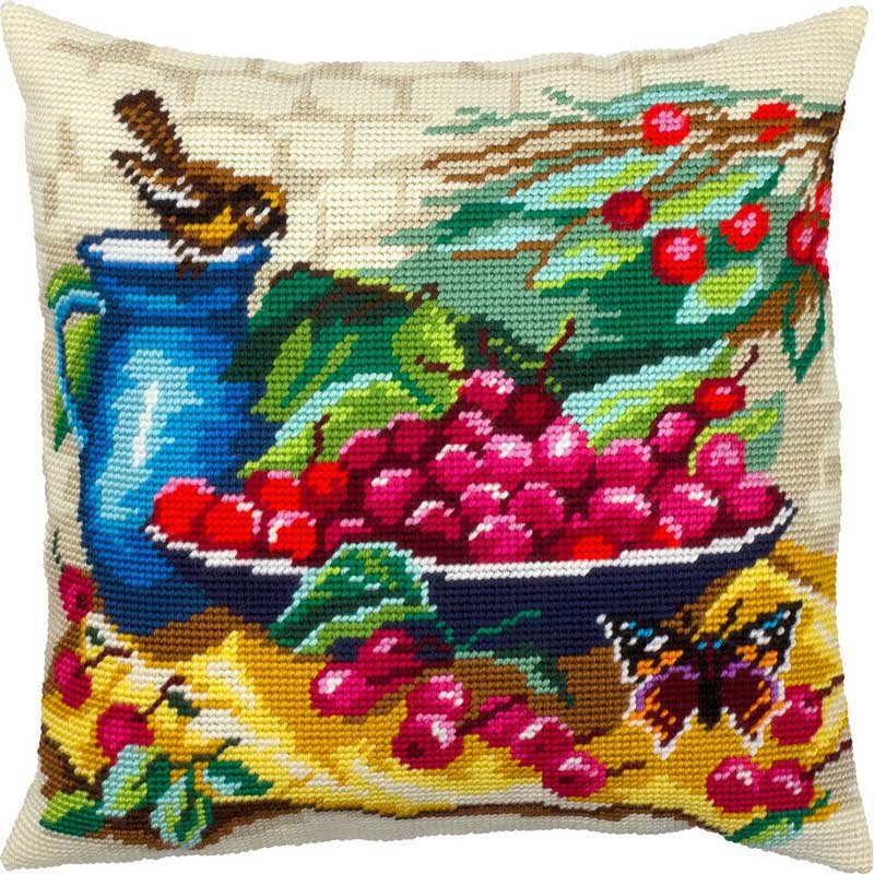Foto Pillow for embroidery half-cross Charіvnytsya V-317 Sparrow by a bowl of cherries