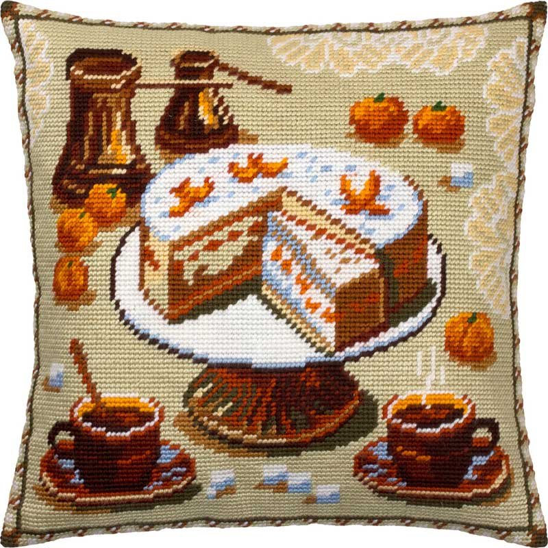 Фото Подушка для вышивки полукрестом Чарівниця V-336 Кофе и мандариновый торт