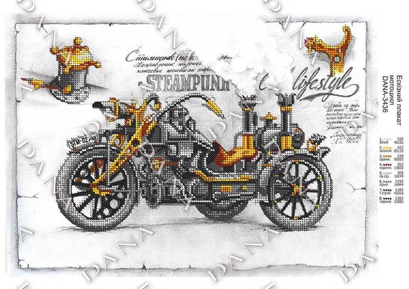 Фото Схема для вишивання бісером ДАНА-3436 Ескізний плакат Мотоцикл
