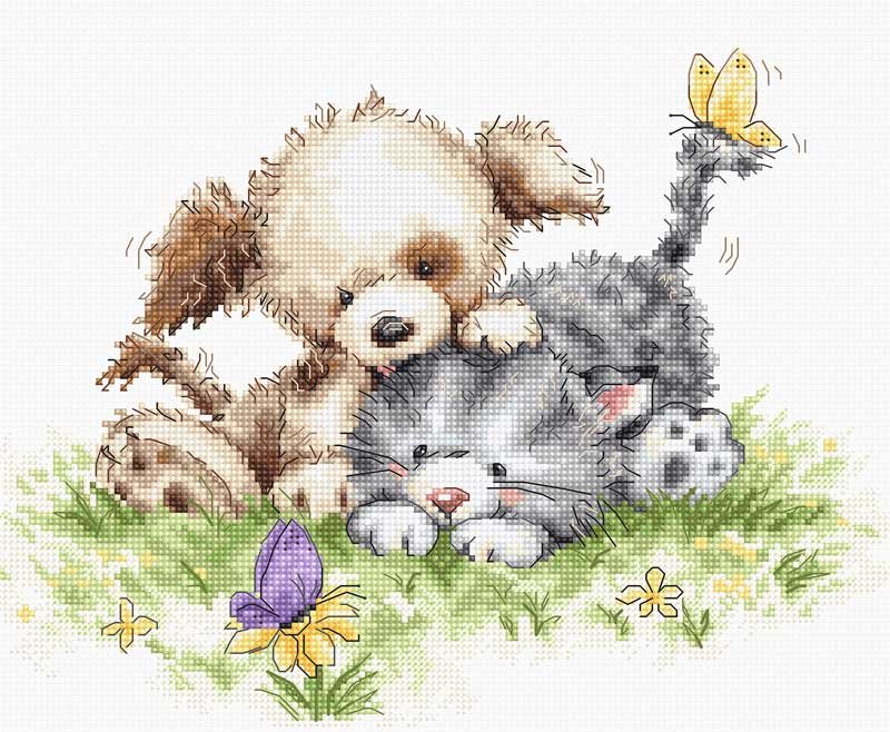 Фото Набір для вишивання хрестиком Luca-S B1185 Щеня і кошеня з метеликом