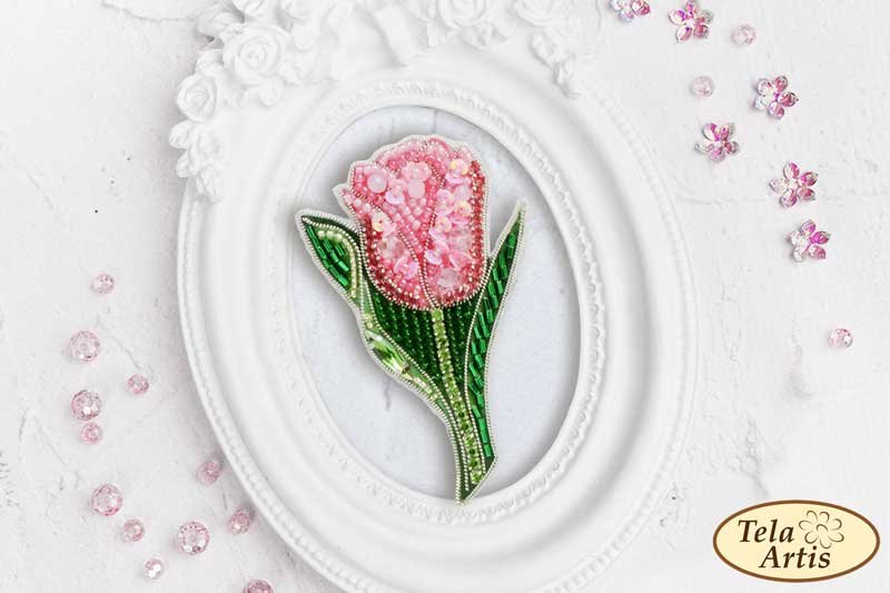 Фото 1 Набір для вишивання брошки з бісеру Тела Артис Б-031-2_ Рожевий тюльпан
